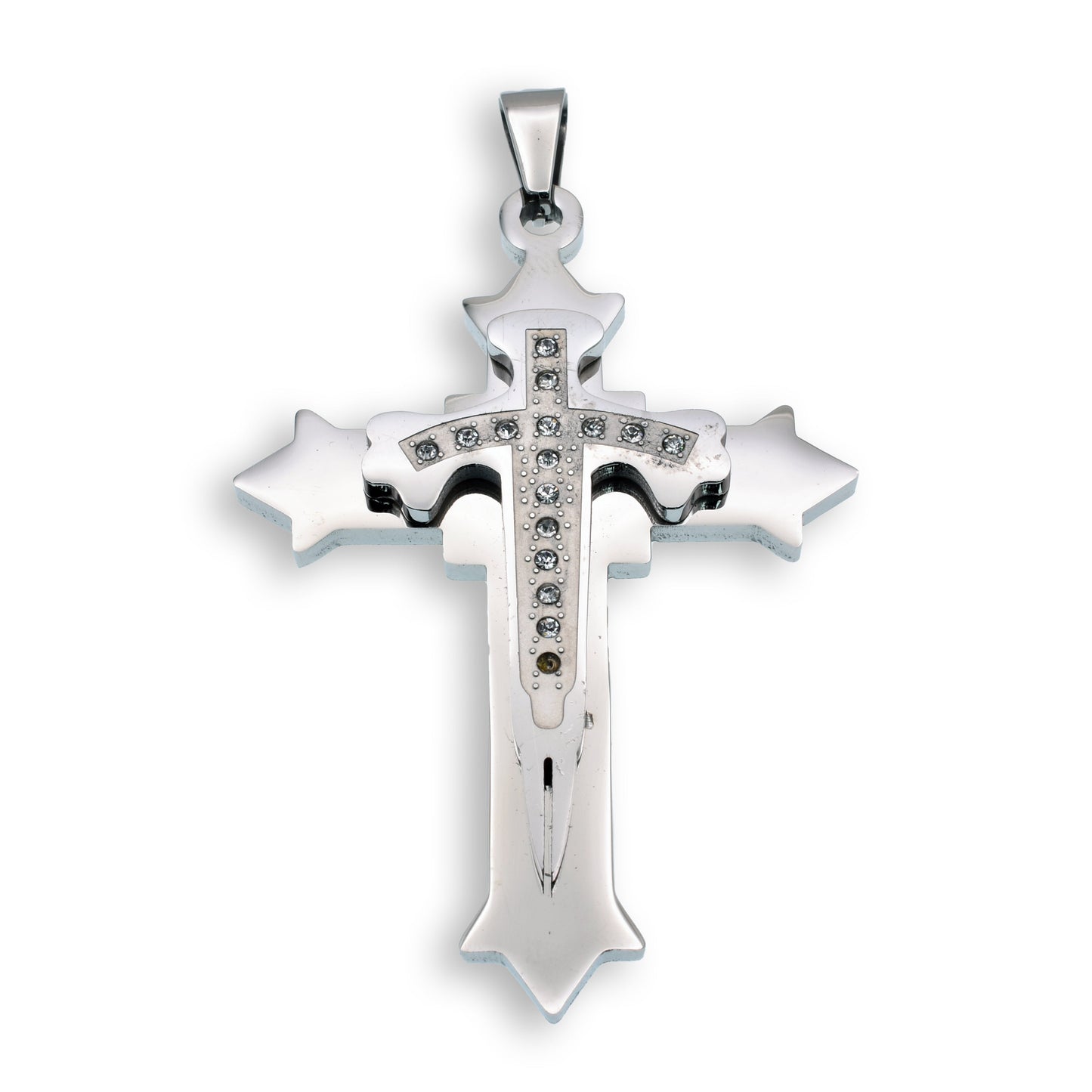 Rhodium Plated Stainless Steel Clear CZ Double Layered Cross Christian Pendant
