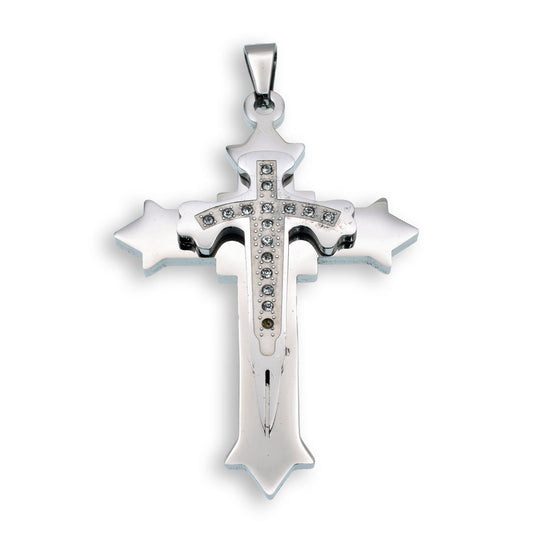 Rhodium Plated Stainless Steel Clear CZ Double Layered Cross Christian Pendant