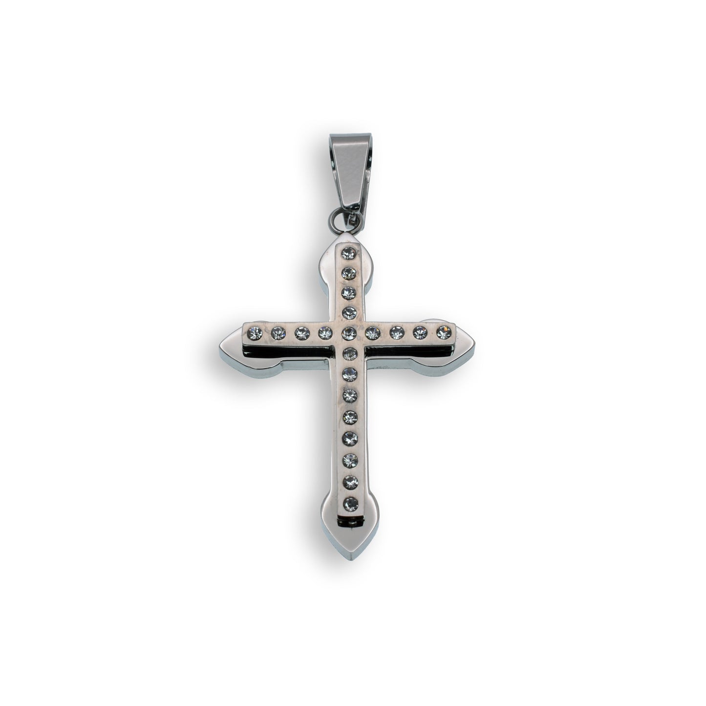 Black & Rhodium Plated Stainless Steel Clear CZ Double Layered Cross Pendant