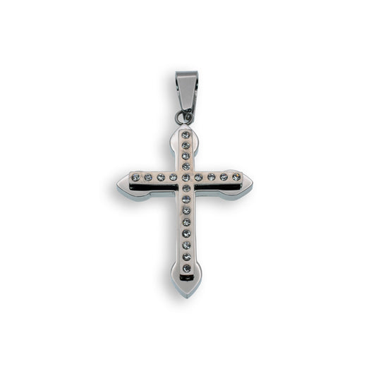Black & Rhodium Plated Stainless Steel Clear CZ Double Layered Cross Pendant