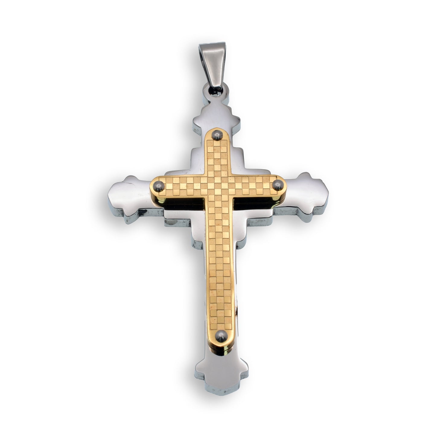 Gold & Rhodium Plated Stainless Steel Double Layered Checkered Cross Pendant