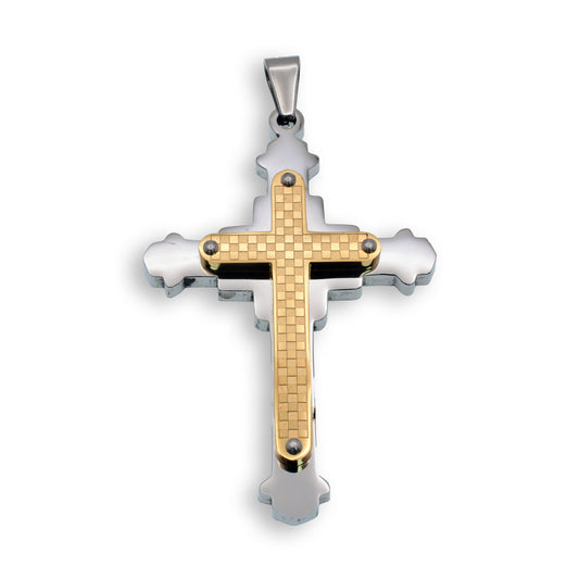 Gold & Rhodium Plated Stainless Steel Double Layered Checkered Cross Pendant