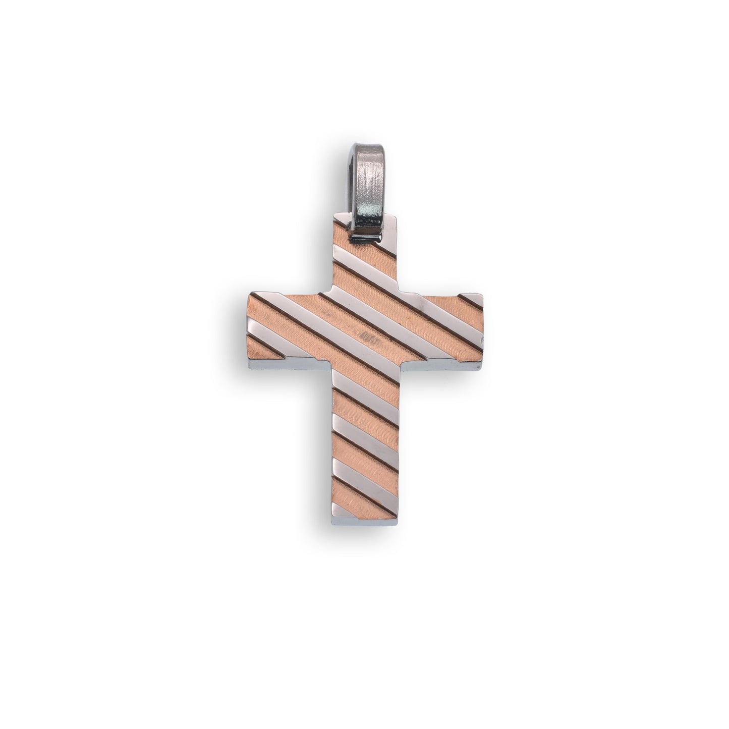 Two Tone Rose Gold & Rhodium Plated Stainless Steel Stripped Cross Pendant