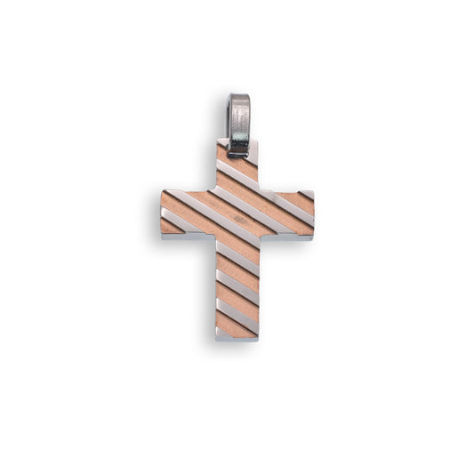 Two Tone Rose Gold & Rhodium Plated Stainless Steel Stripped Cross Pendant
