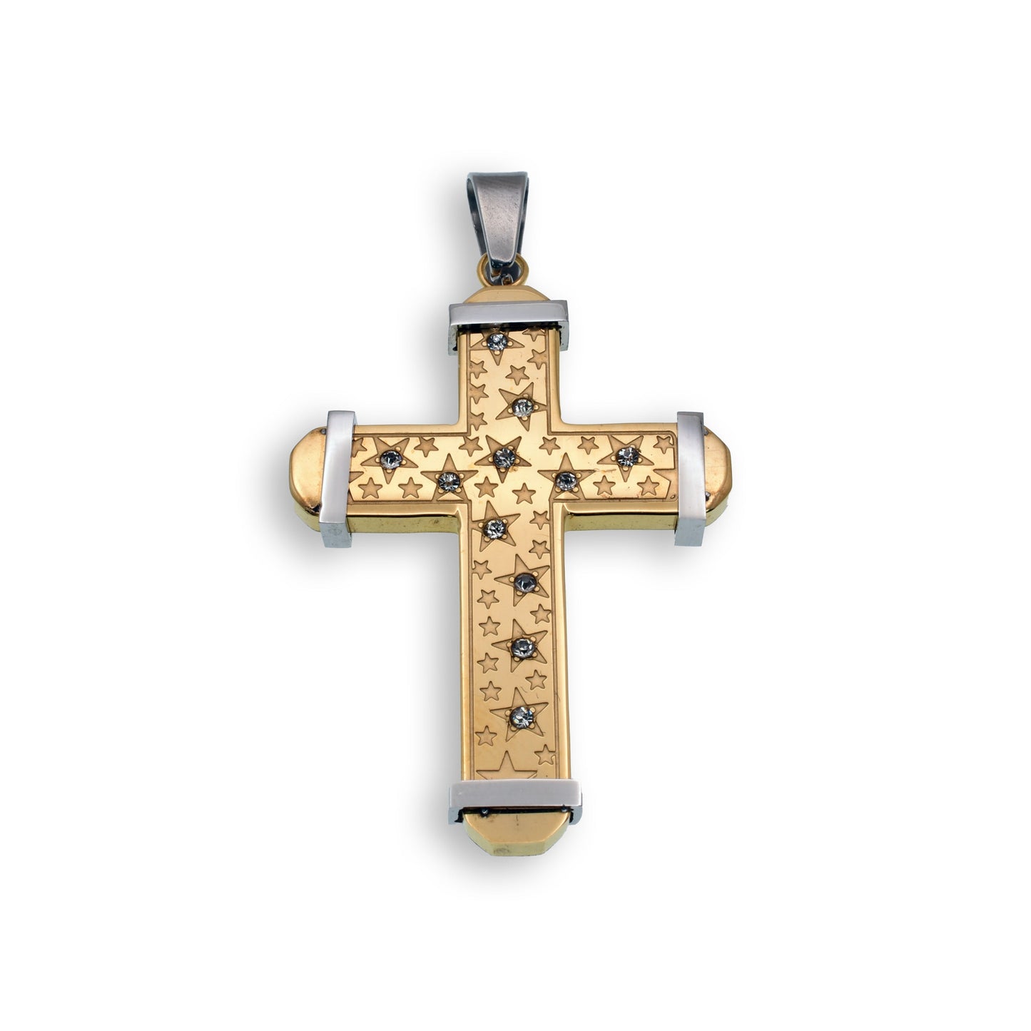 Gold & Rhodium Plated Stainless Steel Clear CZ Star Cross Christian Pendant
