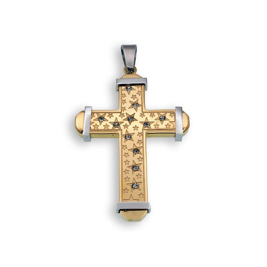 Gold & Rhodium Plated Stainless Steel Clear CZ Star Cross Christian Pendant