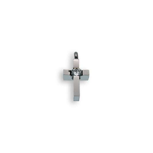 Rhodium Plated Stainless Steel Mini Block Clear CZ Cross Christian Pendant Charm