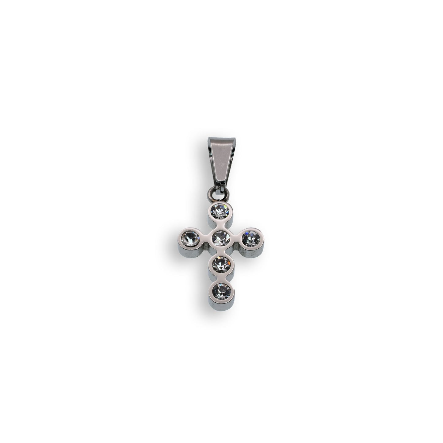 Rhodium Plated Stainless Steel Mini Clear CZ Bezel Cross Christian Pendant Charm