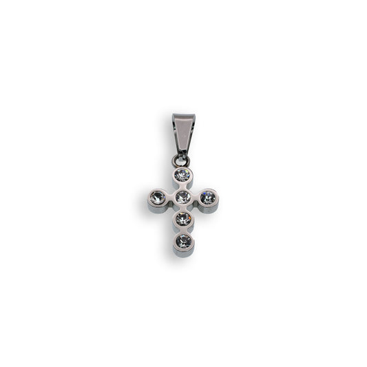 Rhodium Plated Stainless Steel Mini Clear CZ Bezel Cross Christian Pendant Charm