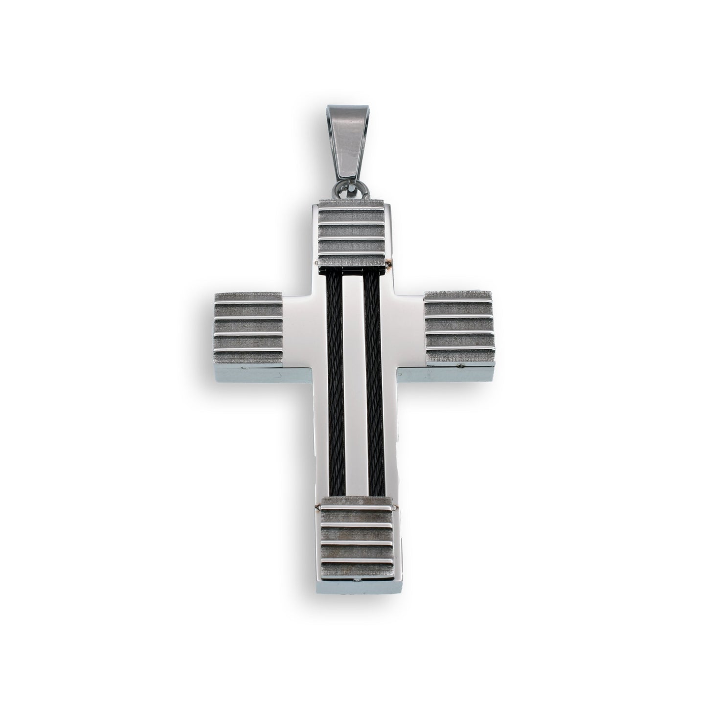 Rhodium Plated Stainless Steel Cable Stripped Cross Pendant Christian Charm