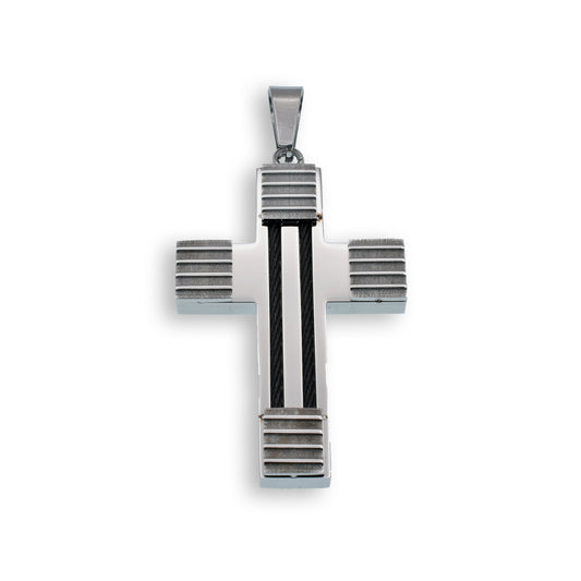 Rhodium Plated Stainless Steel Cable Stripped Cross Pendant Christian Charm