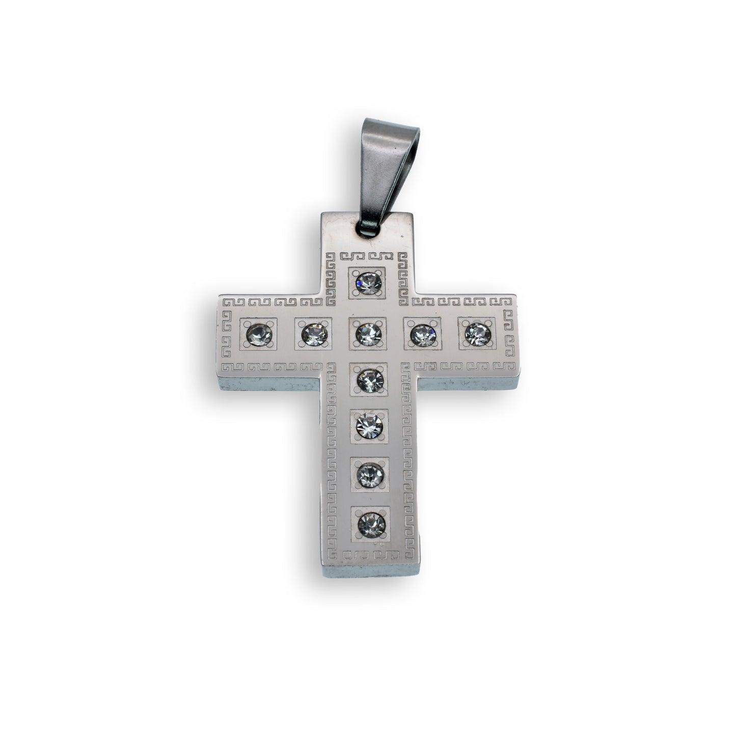 Rhodium Plated Stainless Steel Clear CZ & Greek Key Cross Christian Pendant