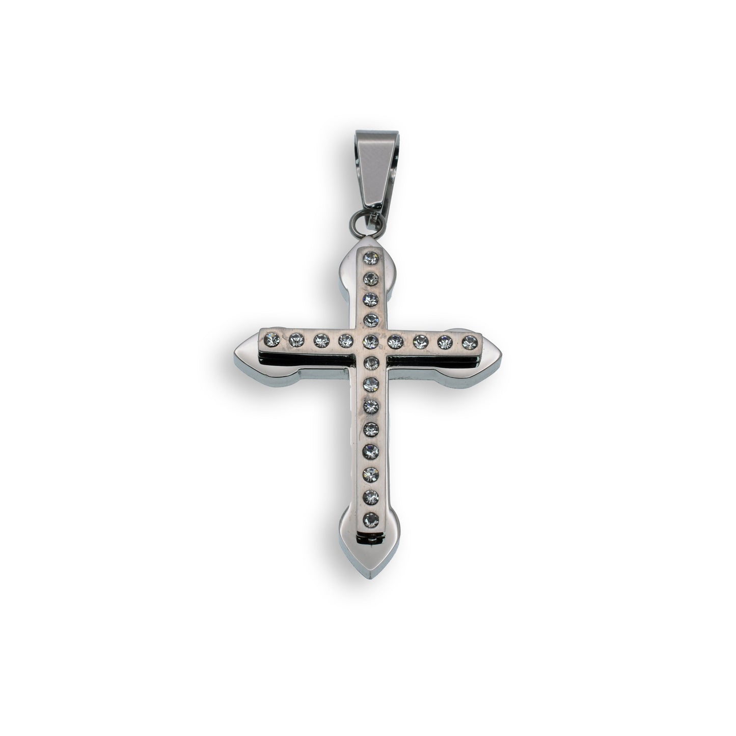 Rhodium Plated Stainless Steel Thick Matte Clear CZ Cross Christian Pendant