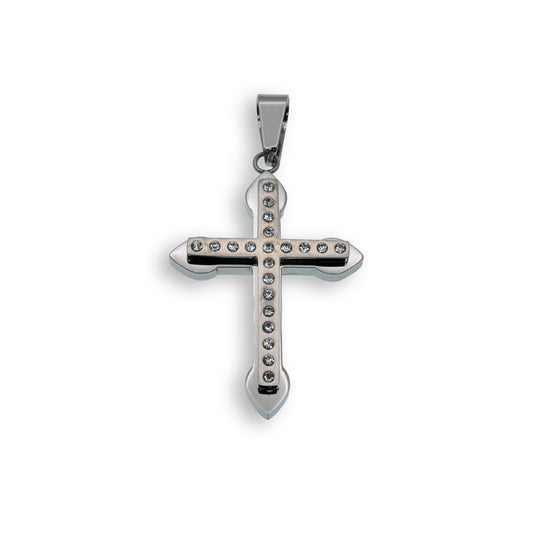Rhodium Plated Stainless Steel Thick Matte Clear CZ Cross Christian Pendant