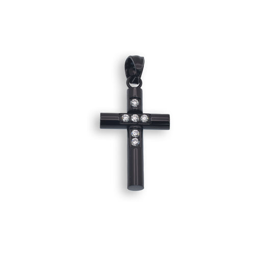 Black Rhodium Plated Stainless Steel Clear CZ Cross Pendant Christian Charm