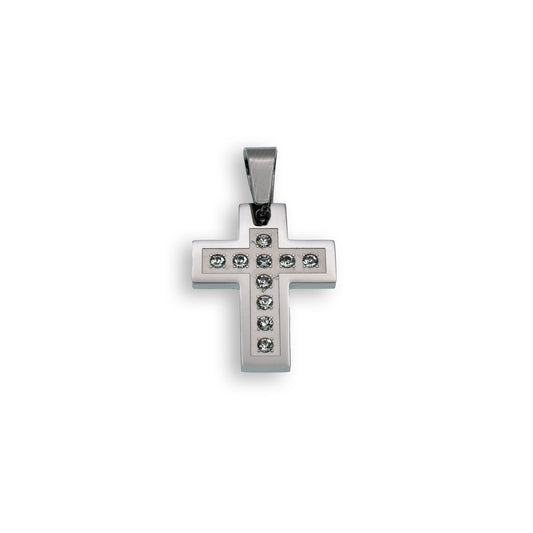 Rhodium Plated Stainless Steel Cross Clear CZ Cross Pendant Christian Charm