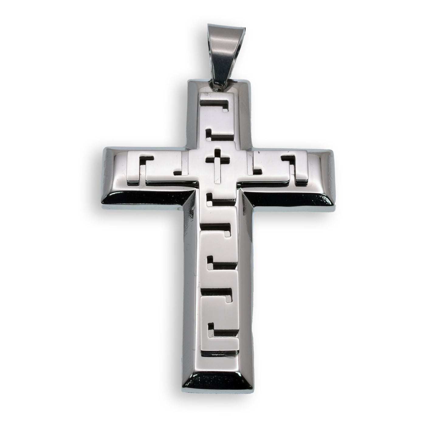 Rhodium Plated Stainless Steel Greek Key Cross Pendant Christian Faith Charm
