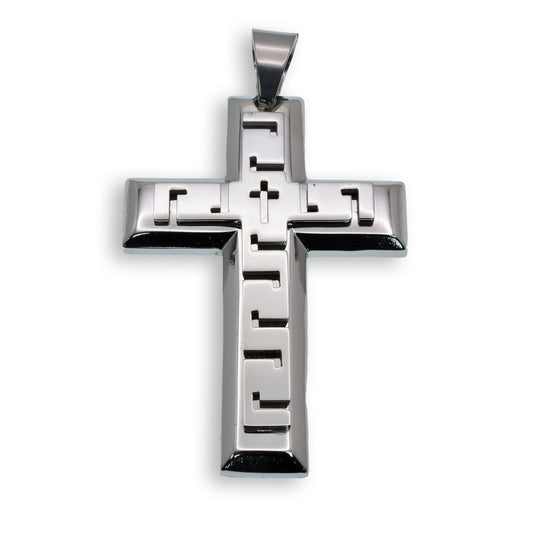 Rhodium Plated Stainless Steel Greek Key Cross Pendant Christian Faith Charm