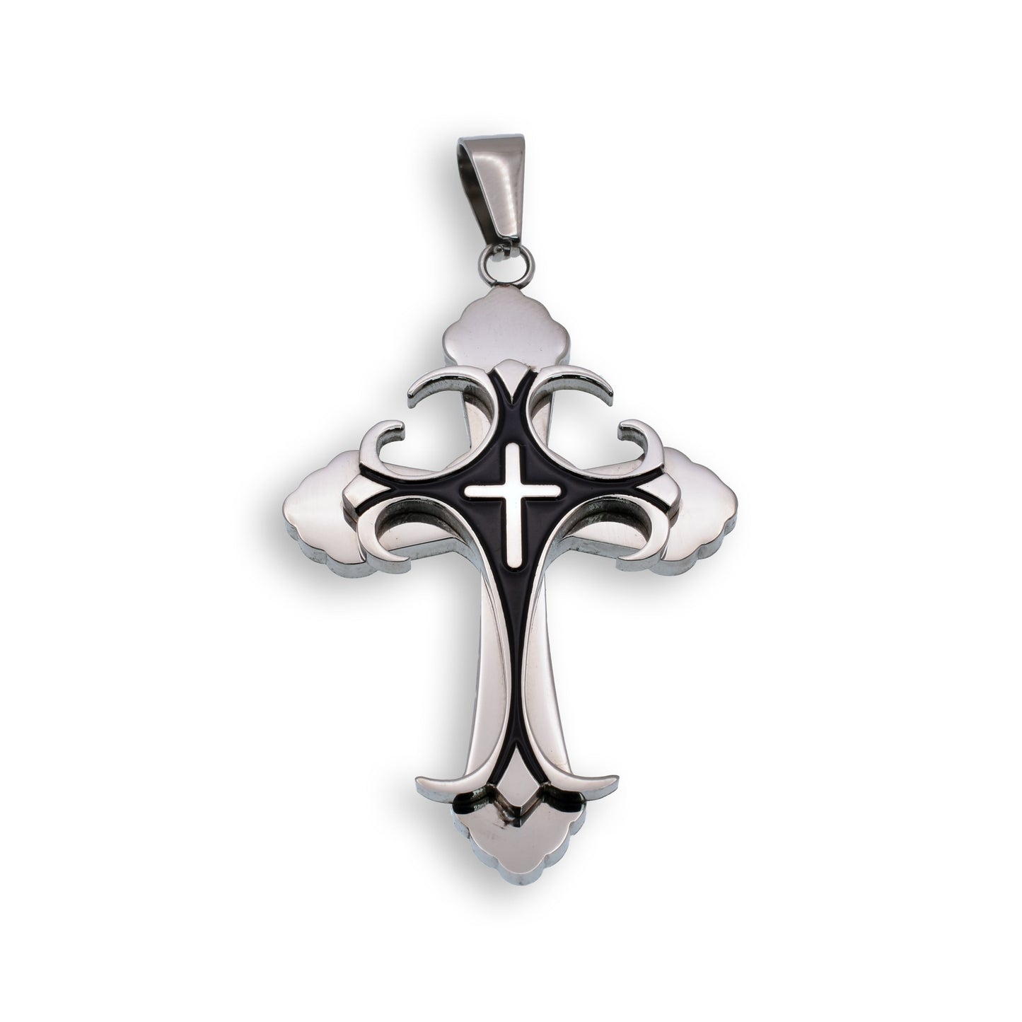 Black & Rhodium Plated Stainless Steel Layered Cross Pendant Christian Charm