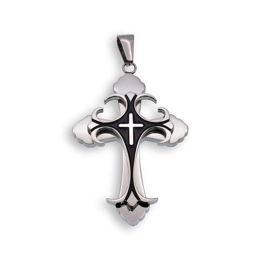 Black & Rhodium Plated Stainless Steel Layered Cross Pendant Christian Charm