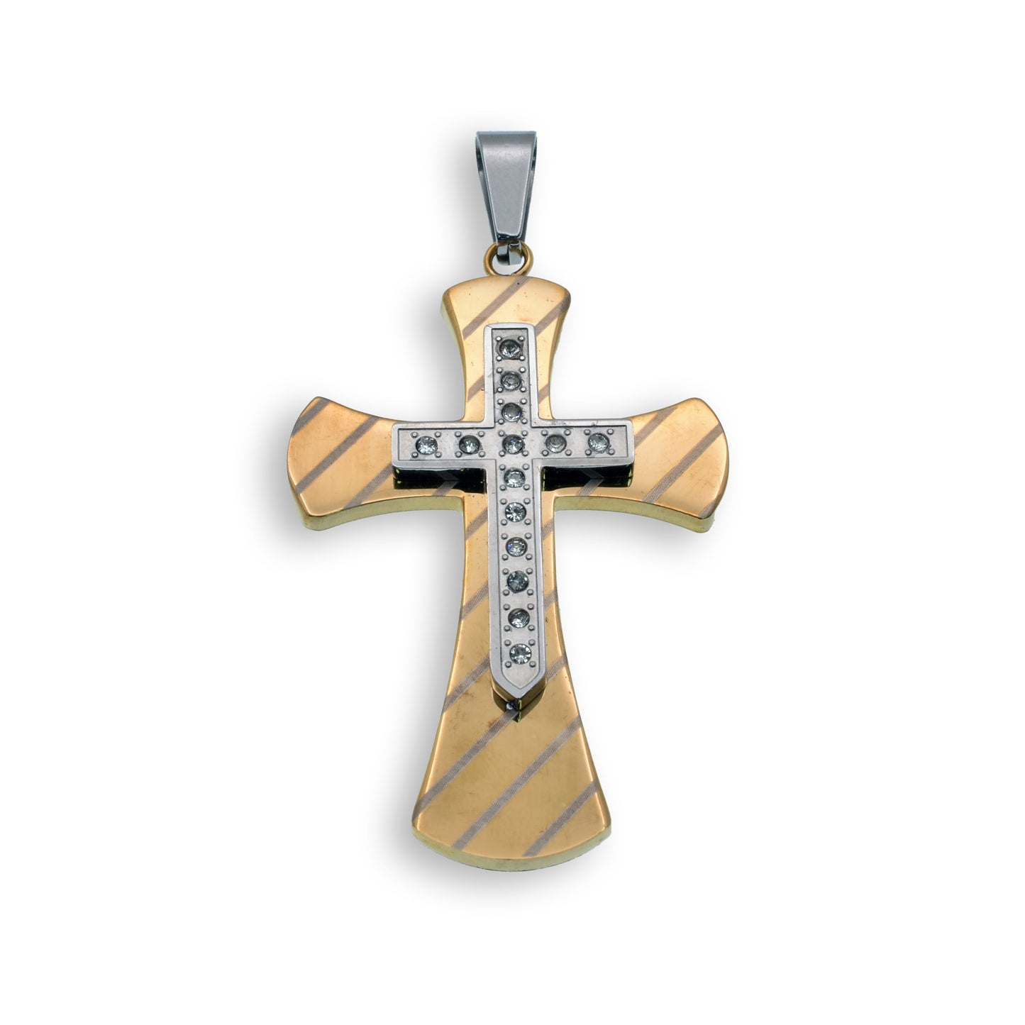Two Tone Gold & Rhodium Plated Stainless Steel Double Layered CZ Cross Pendant