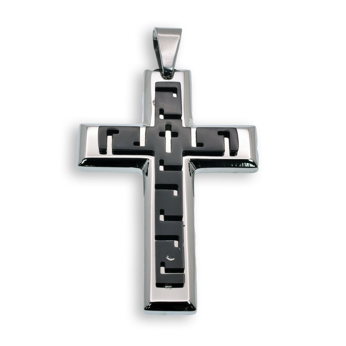 Black & Rhodium Plated Stainless Steel Greek Key Cross Pendant Christian Charm