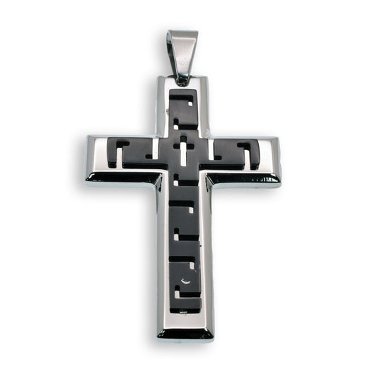 Black & Rhodium Plated Stainless Steel Greek Key Cross Pendant Christian Charm
