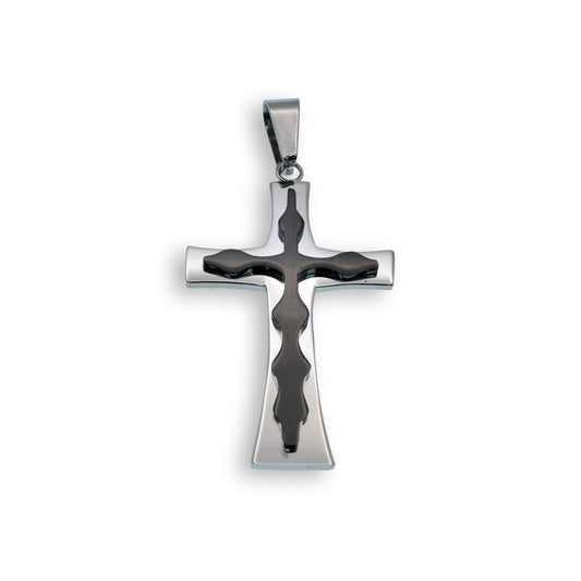 Black & Rhodium Plated Stainless Steel Double Layered Cross Christian Pendant