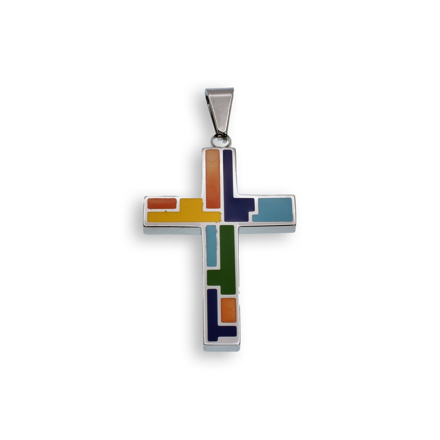 Rhodium Plated Stainless Steel Multi Color Abstract Mosaic Cross Pendant Charm