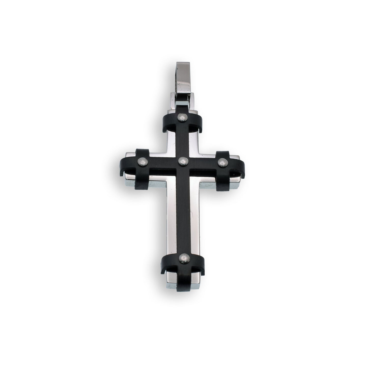 Black & Rhodium Plated Stainless Steel Cross Pendant Christian Faith Charm