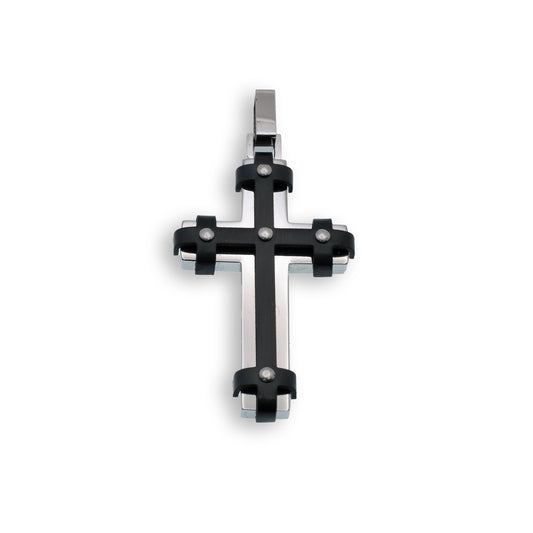 Black & Rhodium Plated Stainless Steel Cross Pendant Christian Faith Charm