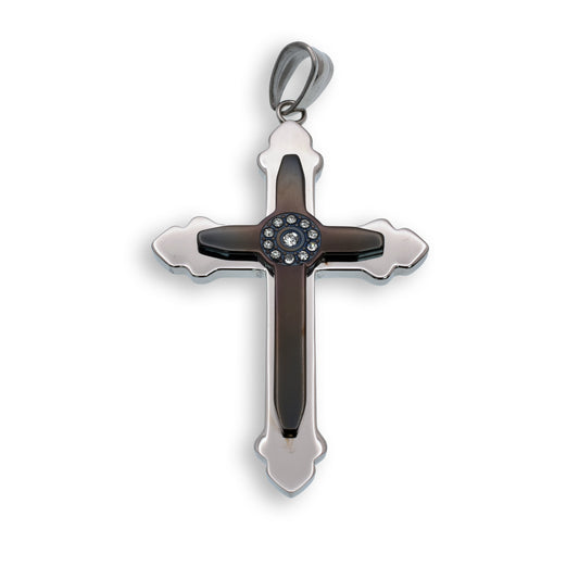 Black & Rhodium Plated Stainless Steel Double Layered CZ Cross Christian Pendant