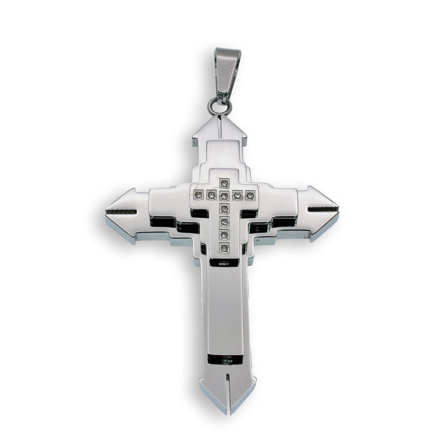 Rhodium Plated Stainless Steel Triple Layered Clear CZ Cross Christian Pendant