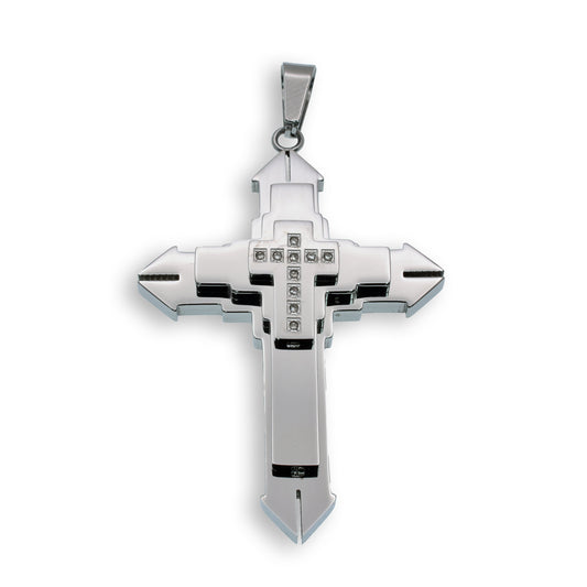 Rhodium Plated Stainless Steel Triple Layered Clear CZ Cross Christian Pendant