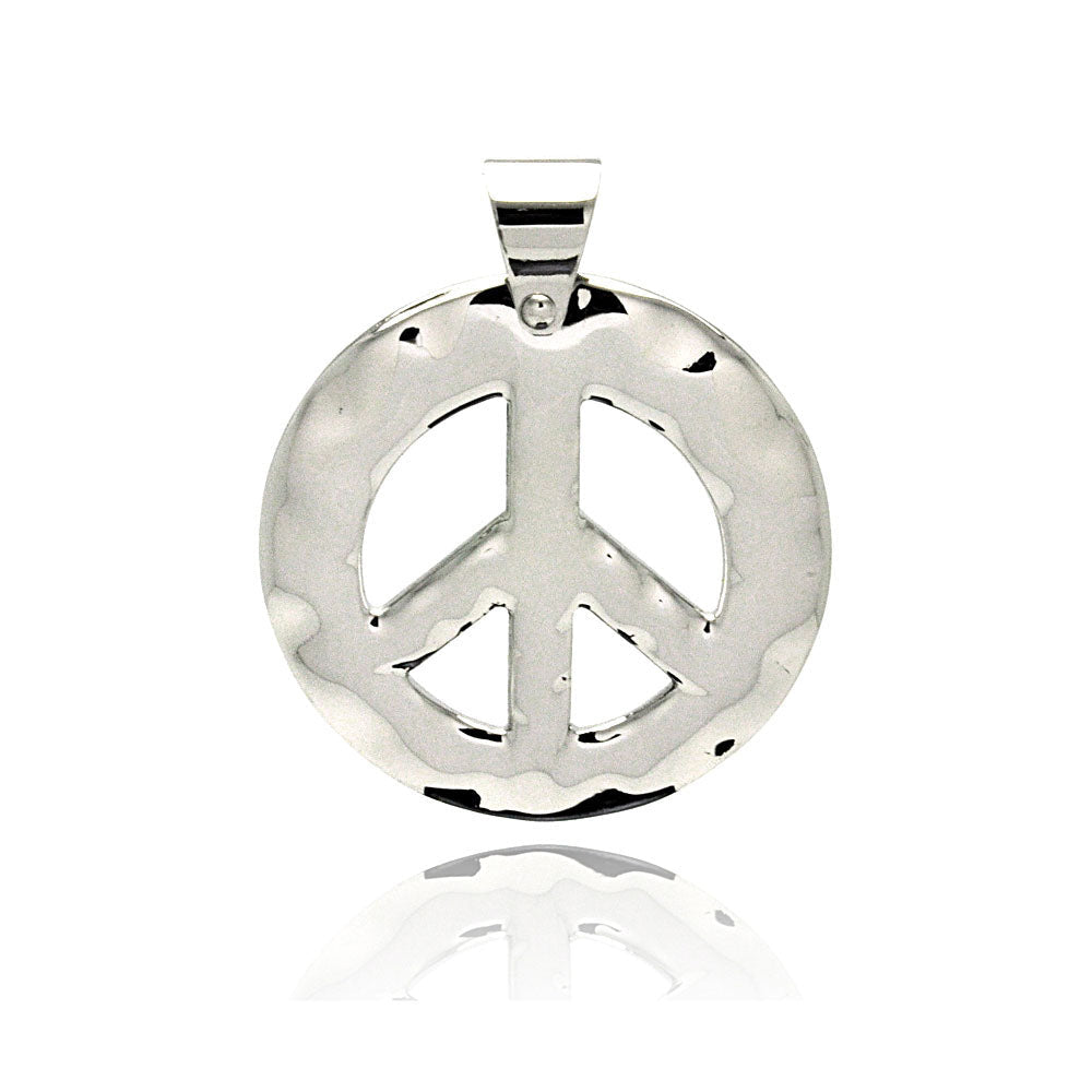 Rhodium Plated Stainless Steel Hammered Peace Sign Pendant Freedom Love Charm