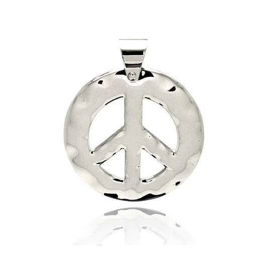 Rhodium Plated Stainless Steel Hammered Peace Sign Pendant Freedom Love Charm