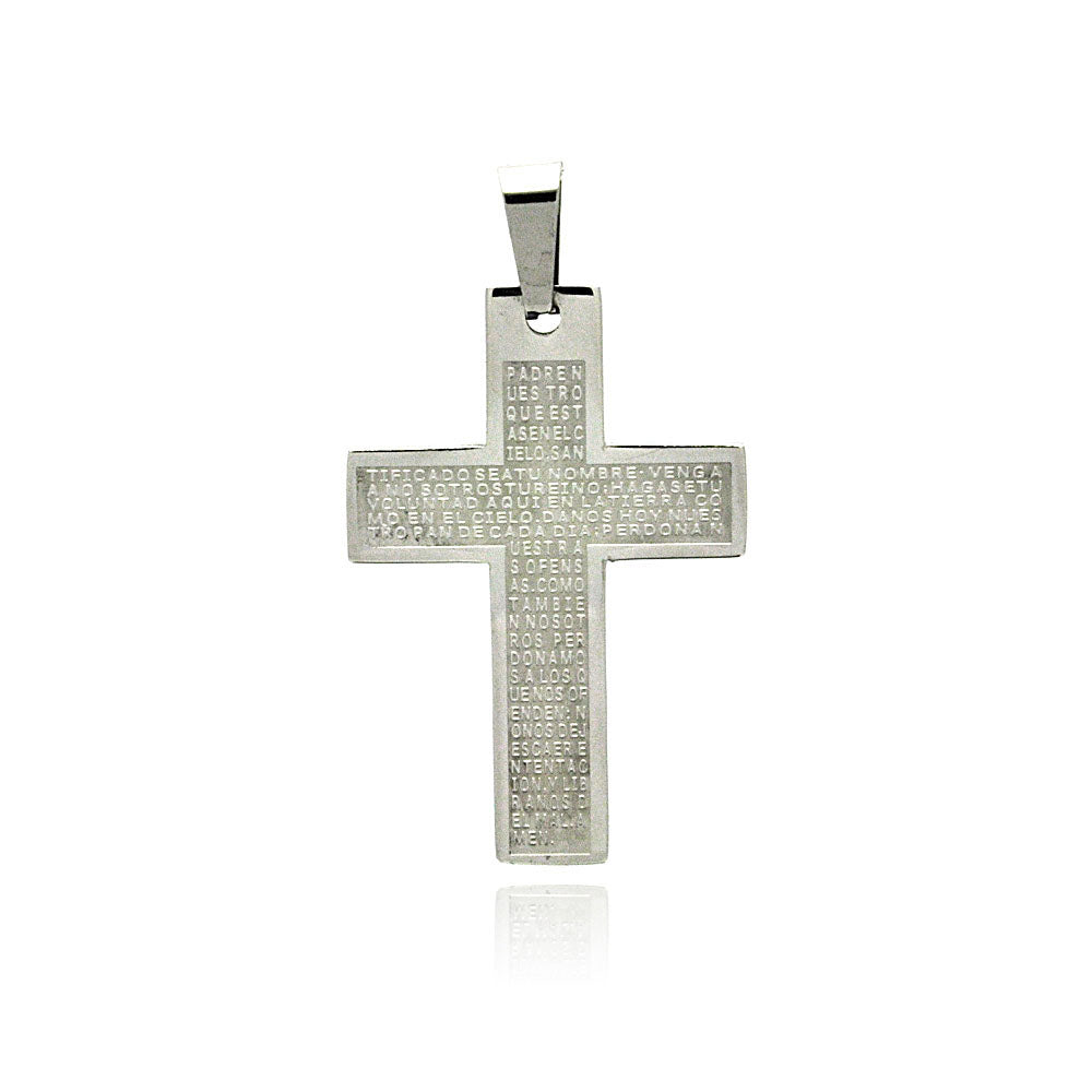 Rhodium Plated Stainless Steel Spanish Our Father Prayer Cross Christian Pendant