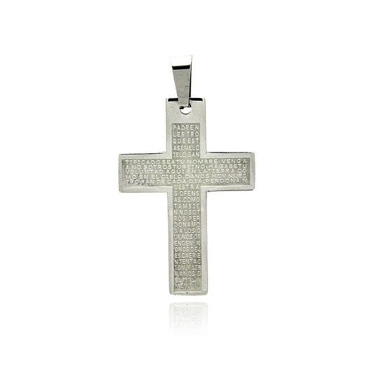 Rhodium Plated Stainless Steel Spanish Our Father Prayer Cross Christian Pendant