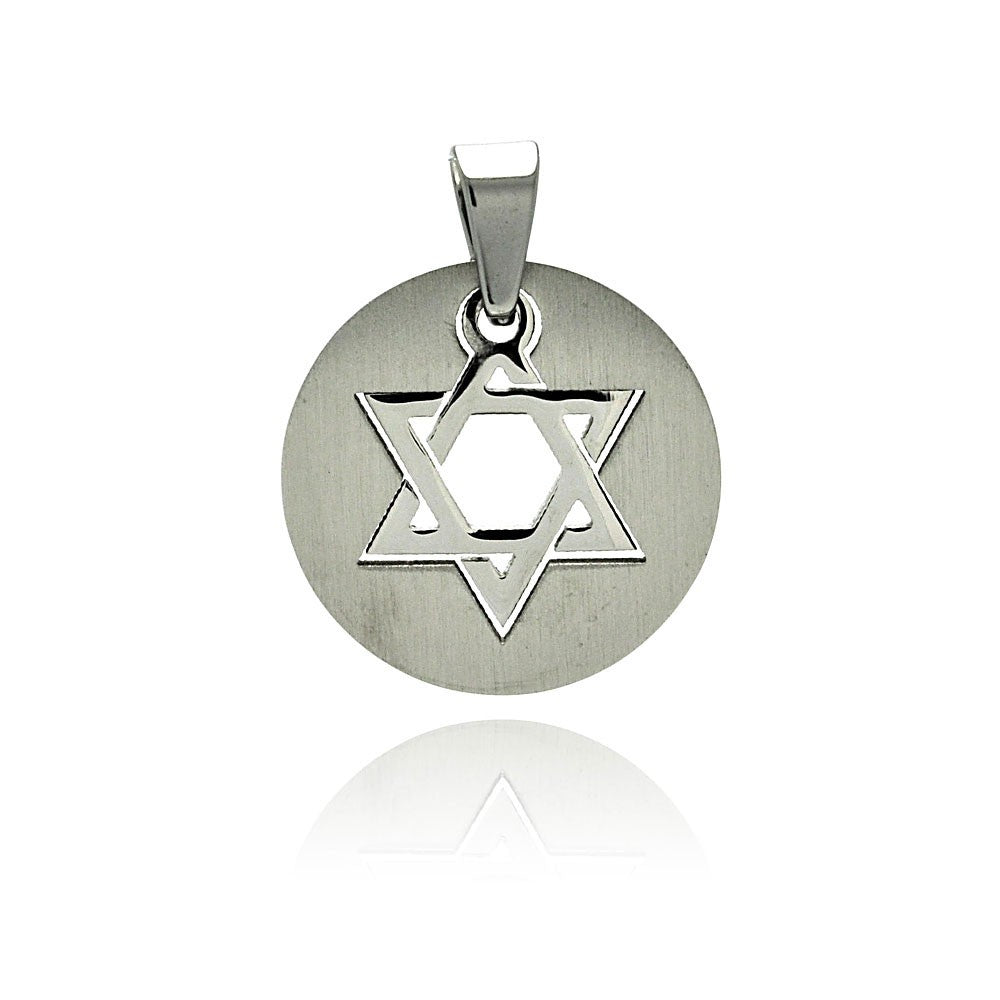 Rhodium Plated Stainless Steel Round Jewish Star of David Pendant Charm