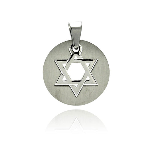 Rhodium Plated Stainless Steel Round Jewish Star of David Pendant Charm