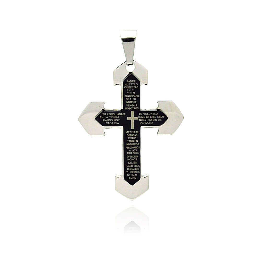 Black & Rhodium Plated Stainless Steel Our Father Prayer Cross Christian Pendant