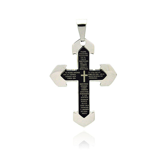 Black & Rhodium Plated Stainless Steel Our Father Prayer Cross Christian Pendant