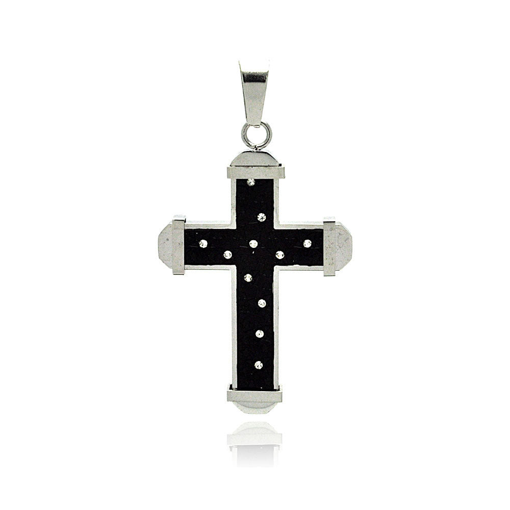 Black & Rhodium Plated Stainless Steel Star & Clear CZ Cross Christian Pendant