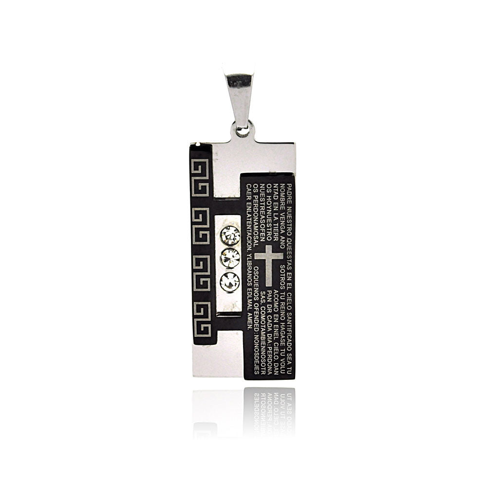 Black & Rhodium Plated Stainless Steel CZ Spanish Our Father Prayer Pendant