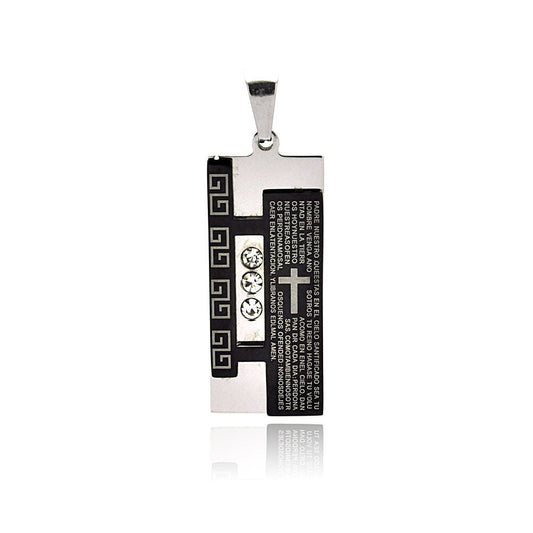 Black & Rhodium Plated Stainless Steel CZ Spanish Our Father Prayer Pendant