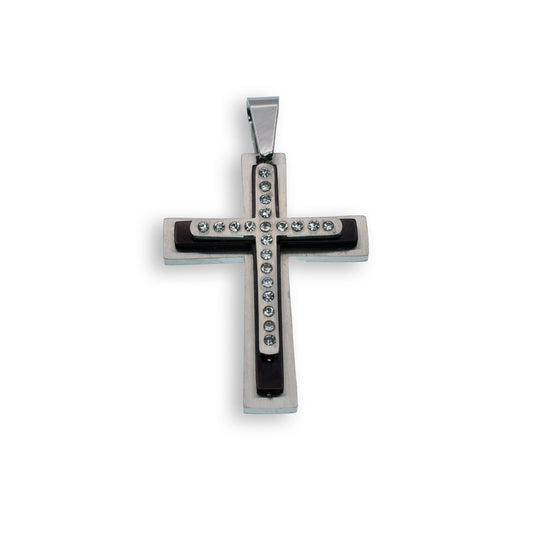 Black & Rhodium Plated Stainless Steel Double Layered Clear CZ Cross Pendant