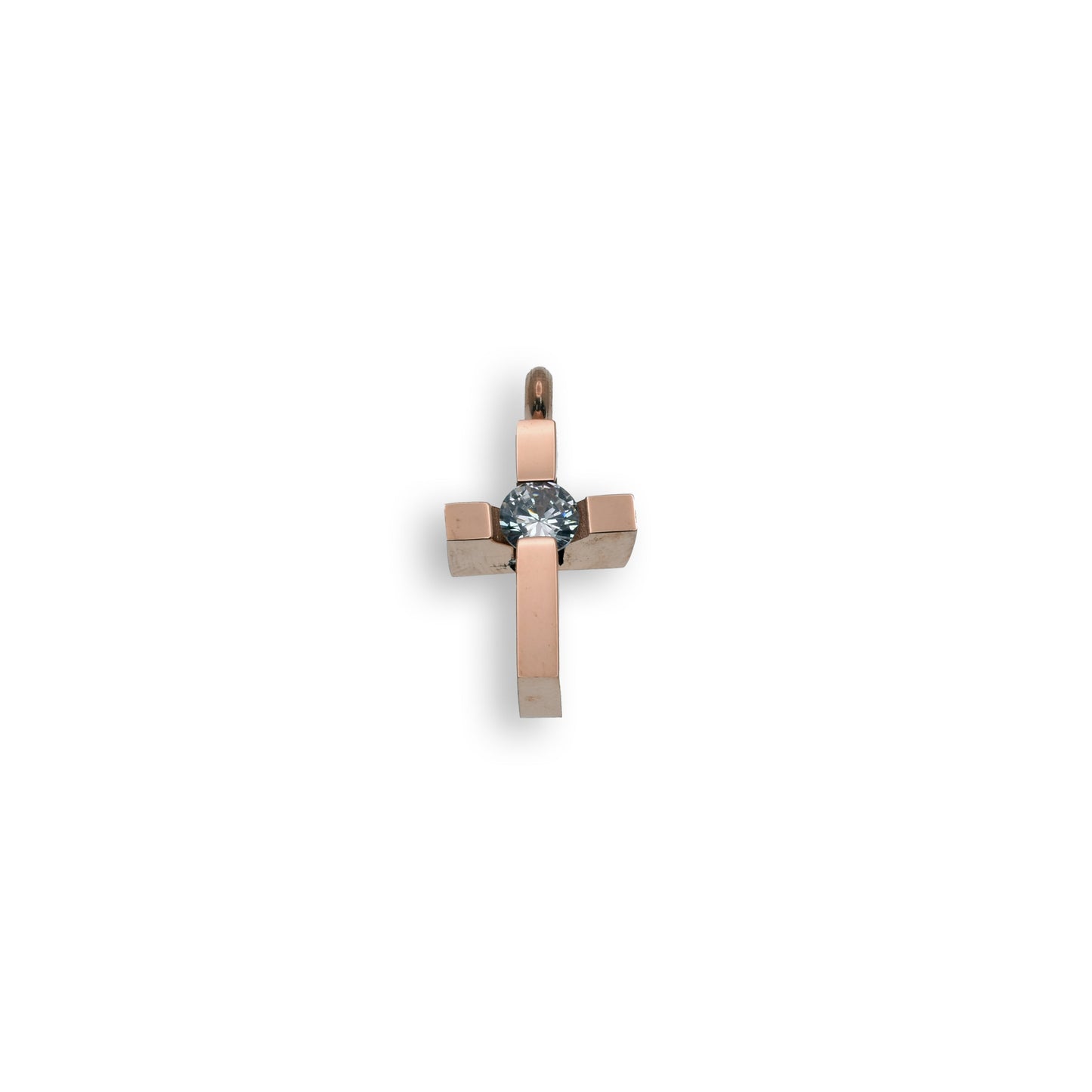 Rhodium Plated Stainless Steel Mini Block Clear CZ Cross Pendant Christian Charm