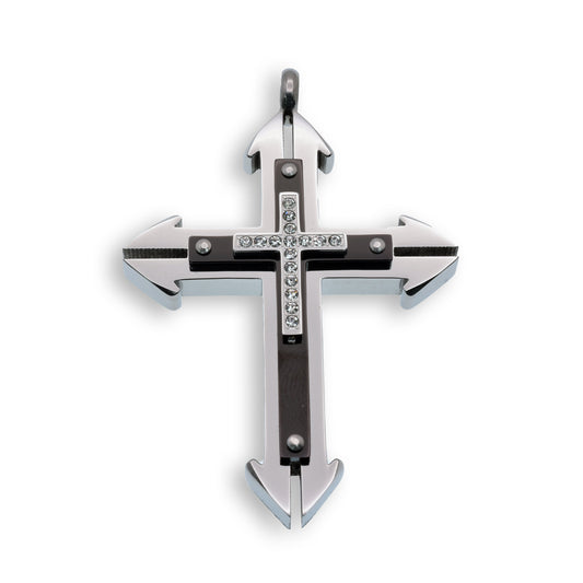Black & Rhodium Plated Stainless Steel Clear CZ Layered Cross Pendant Charm