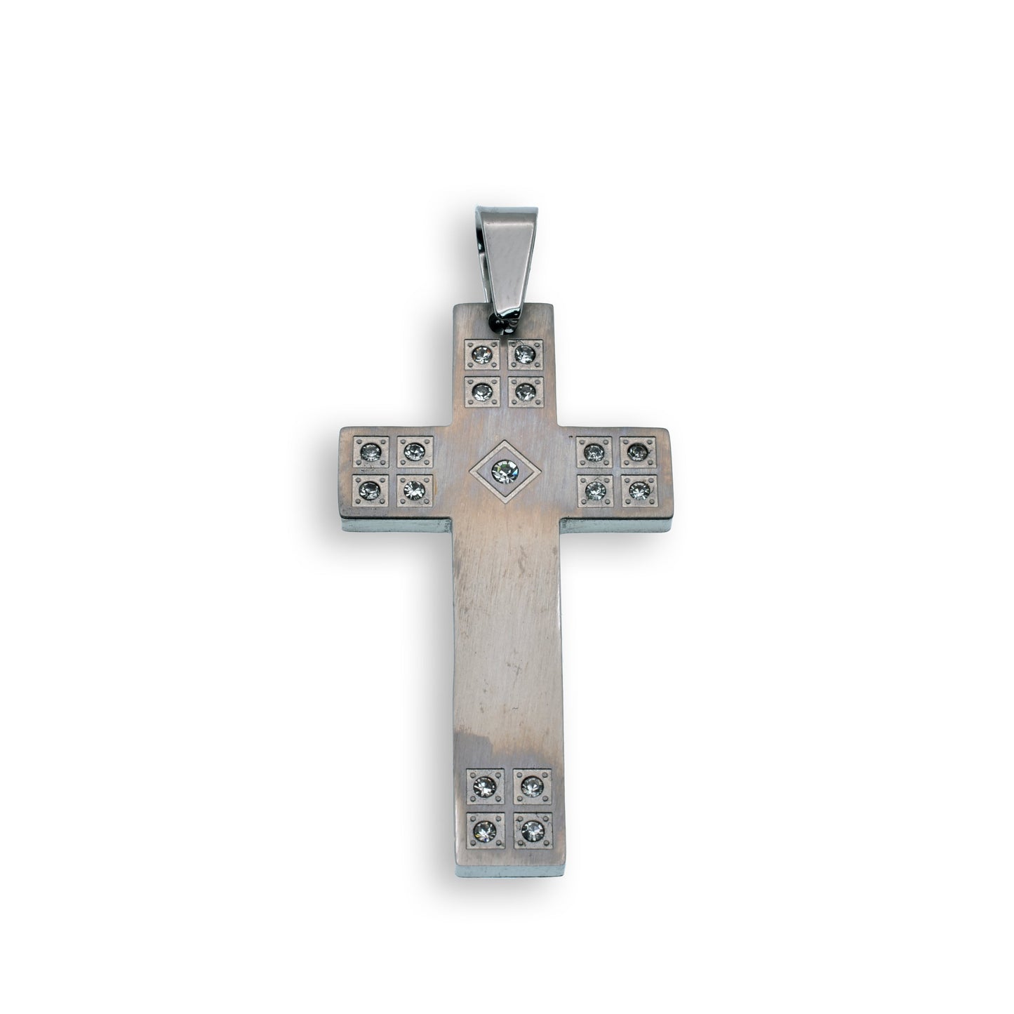 Rhodium Plated Stainless Steel Flat Square Matte Clear CZ Cross Pendant Charm