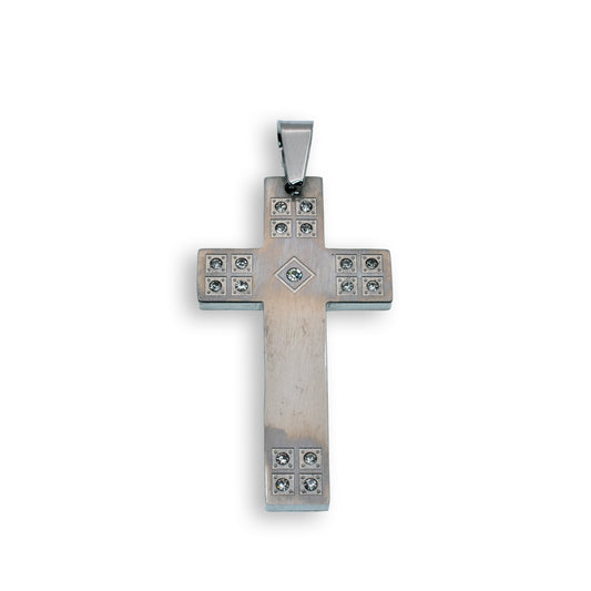 Rhodium Plated Stainless Steel Flat Square Matte Clear CZ Cross Pendant Charm
